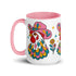 Glossy white ceramic coffee mug with a colored rim, inside, and handle and a full wraparound folk art print. Chickens wear pink cowboy hats with teal bands, yellow diamonds, flowers, and teardrop motifs. The birds have white heads, red combs and wattles, and layered pink, teal, and golden yellow feathers outlined in black. Pink and yellow flowers, teal leaves, and four-point starbursts fill the space between. Retro western kitchen decor.