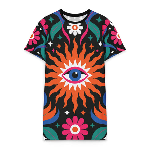 Short sleeve crew neck t-shirt dress in a relaxed, oversized straight cut, made of 100% polyester with a soft matte finish. An edge-to-edge all-over print on a true black background shows a large blue and white evil eye inside an orange wavy sunburst with a white jagged border, pink daisies with orange centers, white four-petal stars, and wavy blue and teal green leaves. Psychedelic whimsigoth, witchy celestial maximalist alt fashion.