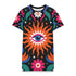Short sleeve crew neck t-shirt dress in a relaxed, oversized straight cut, made of 100% polyester with a soft matte finish. An edge-to-edge all-over print on a true black background shows a large blue and white evil eye inside an orange wavy sunburst with a white jagged border, pink daisies with orange centers, white four-petal stars, and wavy blue and teal green leaves. Psychedelic whimsigoth, witchy celestial maximalist alt fashion.