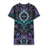 Short sleeve crew neck t-shirt dress in a relaxed, oversized straight cut, made of 100% polyester with a soft matte finish. An edge-to-edge all-over print on a black background shows ornate teal and grey damask scrollwork, purple roses with teal leaves, and a central evil eye framed by a decorative Victorian border and four-point stars. Gothic whimsigoth, dark romantic, witchy Victorian maximalist alt fashion.
