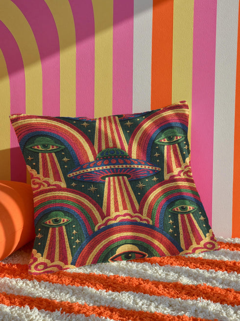 Square 70s psychedelic throw pillow cover printed to look like textured embroidery on a dark, starry navy background. Retro flying saucers and stylized alien eyes repeat across the design above rainbow arches, with small yellow stars and beams of light. Smooth flat 2D print, not raised stitching. Trippy, groovy, retro space age maximalist decor for a sofa, dorm bed, or reading nook, made for sci-fi fans and alien lovers.