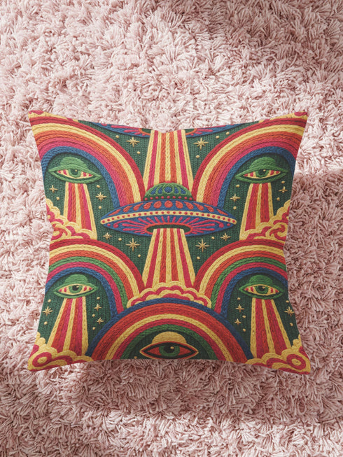 Square 70s psychedelic throw pillow cover printed to look like textured embroidery on a dark, starry navy background. Retro flying saucers and stylized alien eyes repeat across the design above rainbow arches, with small yellow stars and beams of light. Smooth flat 2D print, not raised stitching. Trippy, groovy, retro space age maximalist decor for a sofa, dorm bed, or reading nook, made for sci-fi fans and alien lovers.