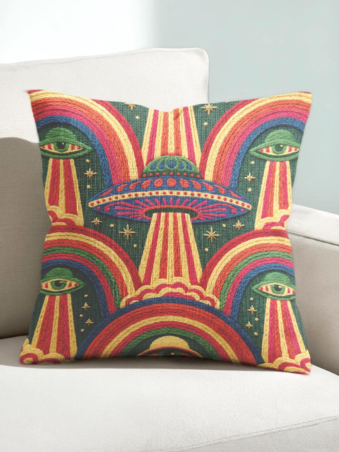 Square 70s psychedelic throw pillow cover printed to look like textured embroidery on a dark, starry navy background. Retro flying saucers and stylized alien eyes repeat across the design above rainbow arches, with small yellow stars and beams of light. Smooth flat 2D print, not raised stitching. Trippy, groovy, retro space age maximalist decor for a sofa, dorm bed, or reading nook, made for sci-fi fans and alien lovers.