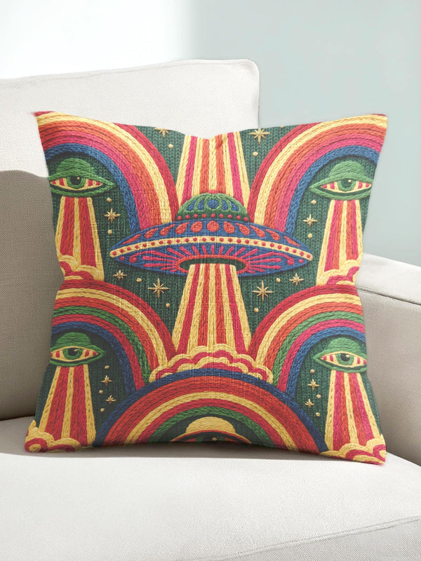 Square 70s psychedelic throw pillow cover printed to look like textured embroidery on a dark, starry navy background. Retro flying saucers and stylized alien eyes repeat across the design above rainbow arches, with small yellow stars and beams of light. Smooth flat 2D print, not raised stitching. Trippy, groovy, retro space age maximalist decor for a sofa, dorm bed, or reading nook, made for sci-fi fans and alien lovers.