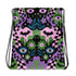 Drawstring backpack measuring 15 by 17 inches, made of 100% polyester with narrow shoulder straps and a drawstring closure. A symmetrical pastel goth print of bats, stylized eyes, flowers, and stars in a soft pastel palette sits on a black base, framed by purple and green checkerboard bands. Creepy cute, whimsigoth, kawaii goth style bag made for the gym, concerts, festivals, travel, school, and everyday carry.