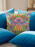 Square weirdcore throw pillow cover printed to look like textured crewel embroidery on a green background. A pink and blue flying saucer with one large blue eye at its center hovers among floating blue eyeballs and red hearts. Smooth flat 2D print, not raised stitching. Maximalist, trippy sci-fi dopamine decor with quirky alien charm for a sofa, dorm bed, gaming chair, or reading nook, made for space lovers and sci-fi fans.