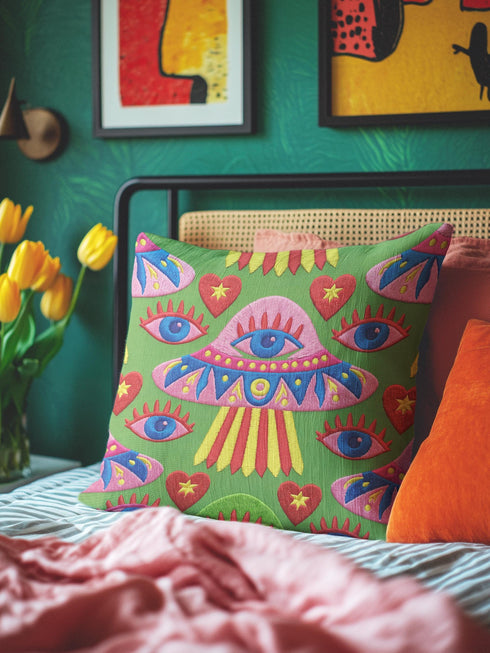 Square weirdcore throw pillow cover printed to look like textured crewel embroidery on a green background. A pink and blue flying saucer with one large blue eye at its center hovers among floating blue eyeballs and red hearts. Smooth flat 2D print, not raised stitching. Maximalist, trippy sci-fi dopamine decor with quirky alien charm for a sofa, dorm bed, gaming chair, or reading nook, made for space lovers and sci-fi fans.