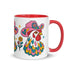 Glossy white ceramic coffee mug with a colored rim, inside, and handle and a full wraparound folk art print. Chickens wear pink cowboy hats with teal bands, yellow diamonds, flowers, and teardrop motifs. The birds have white heads, red combs and wattles, and layered pink, teal, and golden yellow feathers outlined in black. Pink and yellow flowers, teal leaves, and four-point starbursts fill the space between. Retro western kitchen decor.