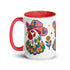 Glossy white ceramic coffee mug with a colored rim, inside, and handle and a full wraparound folk art print. Chickens wear pink cowboy hats with teal bands, yellow diamonds, flowers, and teardrop motifs. The birds have white heads, red combs and wattles, and layered pink, teal, and golden yellow feathers outlined in black. Pink and yellow flowers, teal leaves, and four-point starbursts fill the space between. Retro western kitchen decor.
