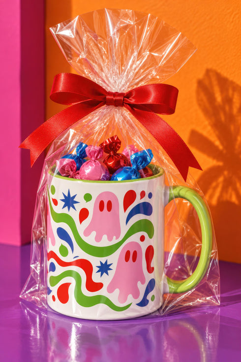 Glossy white ceramic 11 oz coffee mug with a lime green rim, inside, and handle and a full wraparound pastel goth print. Pink ghosts with paired red oval eyes and rounded scalloped lower edges float between wavy green and red ribbons. Blue starbursts, curved blue shapes, red teardrops, small colorful dots, and green diamond sparkles fill the white background. Creepy cute Halloween coffee mug with a playful, retro maximalist feel.