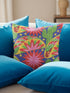 Square maximalist throw pillow cover printed to look like bold crewel embroidery on a solid royal blue background. Tacos with green, red, and brown fillings scatter across the design with bright green saguaro cacti, large pink and red starburst flowers, and small yellow stars. Smooth flat 2D print, not raised stitching. Colorful, quirky dopamine decor for a sofa, kitchen bench, or breakfast nook, made for taco lovers and foodies.