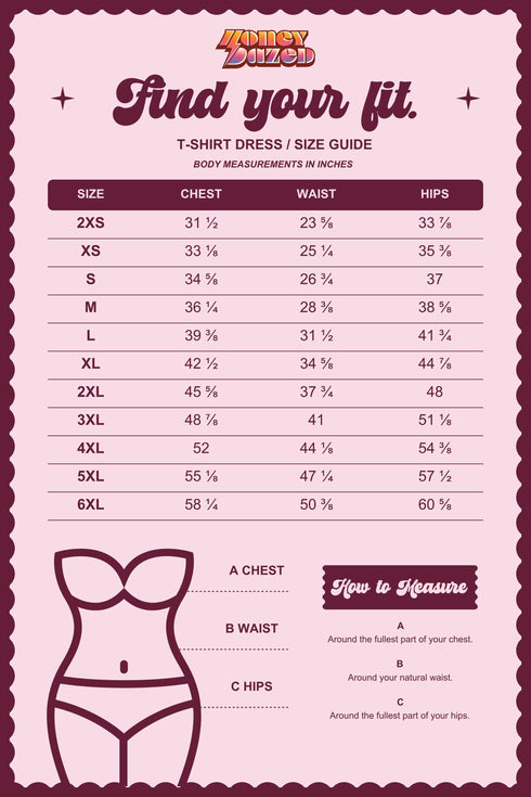 Size guide chart for the oversized sun medallion t-shirt dress, listing body measurements for every size from 2XS through 6XL.