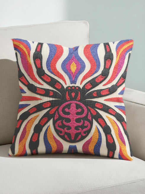 Square psychedelic folk art throw pillow cover printed to look like textured embroidery on a cream background. A large black spider with coral red and magenta markings on its legs and abdomen sits at the center, surrounded by rippling waves in blue violet, coral red, magenta, and golden yellow. Smooth flat 2D print, not raised stitching. Retro gothic Halloween maximalist decor for a sofa, armchair, or goth bedroom, made for spooky season.