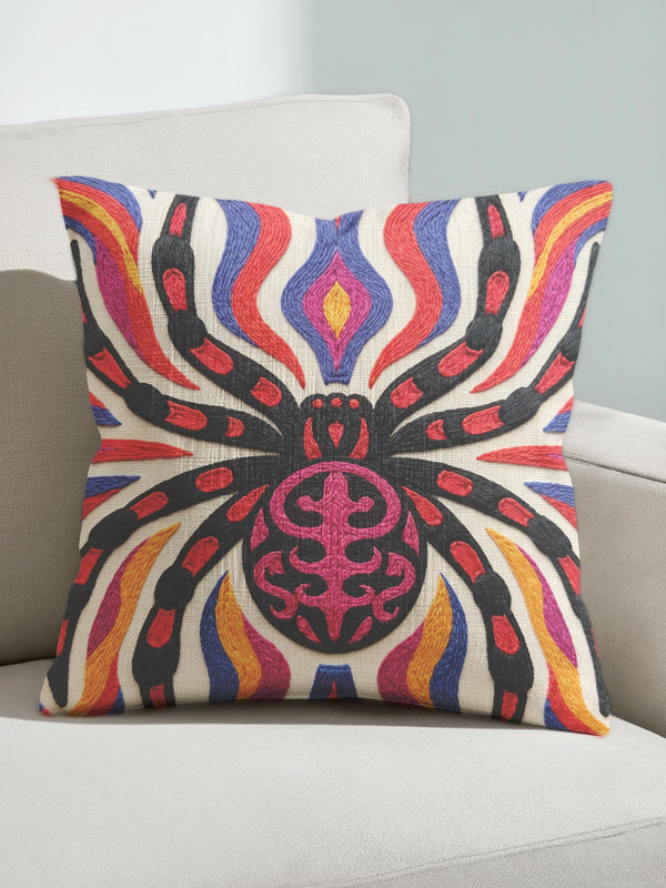 Square psychedelic folk art throw pillow cover printed to look like textured embroidery on a cream background. A large black spider with coral red and magenta markings on its legs and abdomen sits at the center, surrounded by rippling waves in blue violet, coral red, magenta, and golden yellow. Smooth flat 2D print, not raised stitching. Retro gothic Halloween maximalist decor for a sofa, armchair, or goth bedroom, made for spooky season.