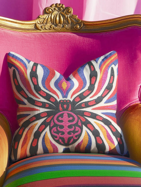 Square psychedelic folk art throw pillow cover printed to look like textured embroidery on a cream background. A large black spider with coral red and magenta markings on its legs and abdomen sits at the center, surrounded by rippling waves in blue violet, coral red, magenta, and golden yellow. Smooth flat 2D print, not raised stitching. Retro gothic Halloween maximalist decor for a sofa, armchair, or goth bedroom, made for spooky season.