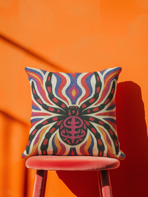Square psychedelic folk art throw pillow cover printed to look like textured embroidery on a cream background. A large black spider with coral red and magenta markings on its legs and abdomen sits at the center, surrounded by rippling waves in blue violet, coral red, magenta, and golden yellow. Smooth flat 2D print, not raised stitching. Retro gothic Halloween maximalist decor for a sofa, armchair, or goth bedroom, made for spooky season.