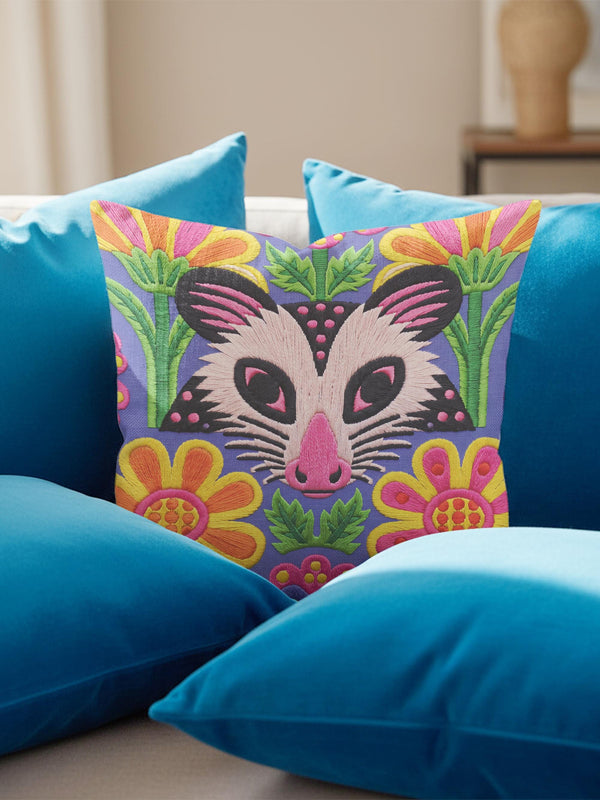 Square folk art throw pillow cover printed to look like raised embroidery on a rich periwinkle blue background. A symmetrical opossum face with white and grey fur, a pink snout, and black ears rimmed in pink sits among large yellow, orange, and pink daisy-like flowers and bright green serrated leaves. Smooth flat 2D print, not raised stitching. Quirky, whimsical maximalist decor for a sofa, chair, or dorm room, made for animal lovers.