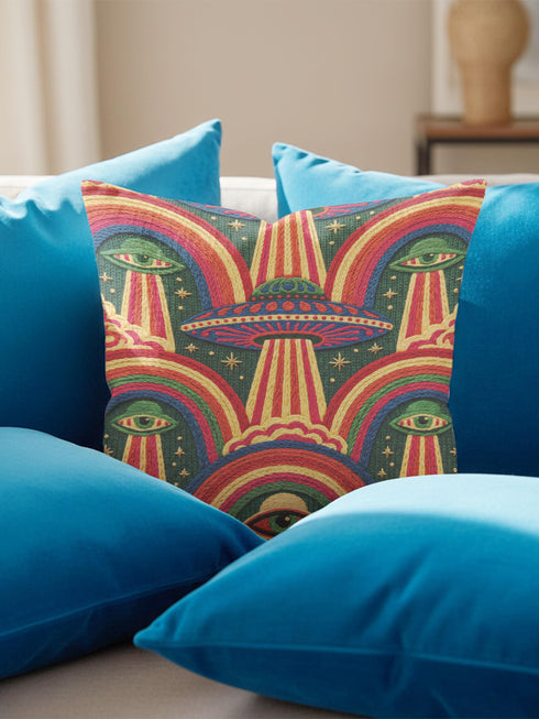 Square 70s psychedelic throw pillow cover printed to look like textured embroidery on a dark, starry navy background. Retro flying saucers and stylized alien eyes repeat across the design above rainbow arches, with small yellow stars and beams of light. Smooth flat 2D print, not raised stitching. Trippy, groovy, retro space age maximalist decor for a sofa, dorm bed, or reading nook, made for sci-fi fans and alien lovers.