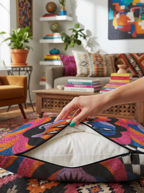 Square psychedelic throw pillow cover with a surreal weirdcore face printed to look like textured crewel embroidery. The face has a third eye and extra blue eyes, long dark hair, and a large pink and orange flower over the mouth, framed by radiating wavy stripes in hot pink, orange, and cobalt blue with black and white checkerboard corners. Smooth flat 2D print, not raised stitching. Maximalist 70s trippy decor for a sofa, armchair, or dorm bed.
