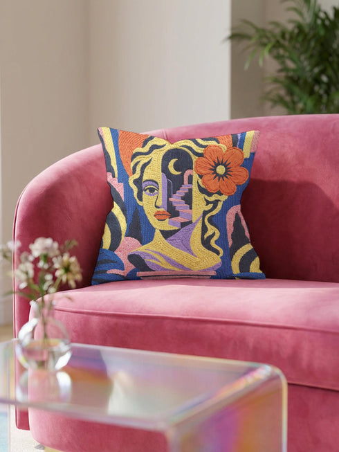 Square eclectic throw pillow cover with a surreal modern art portrait printed to look like textured crewel embroidery on a cobalt blue background. A yellow and purple half face with red lips holds a yellow crescent moon and a pink and purple staircase inside its dark silhouette, with a large orange flower in wavy yellow hair and abstract pink and yellow shapes around it. Smooth flat 2D print, not raised stitching. Maximalist art decor for a sofa, studio chair, or dorm.