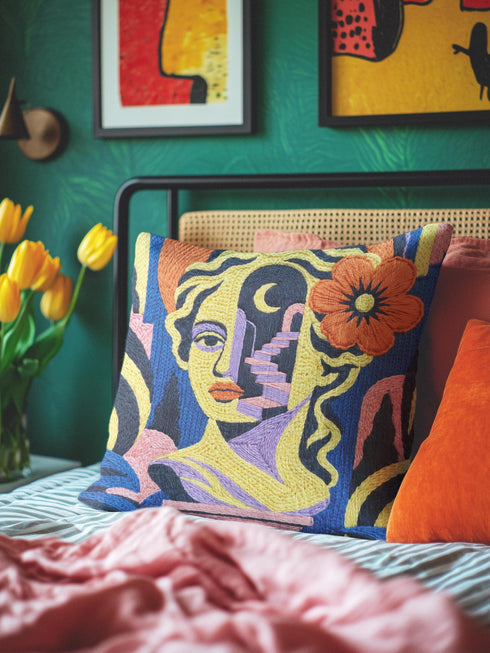 Square eclectic throw pillow cover with a surreal modern art portrait printed to look like textured crewel embroidery on a cobalt blue background. A yellow and purple half face with red lips holds a yellow crescent moon and a pink and purple staircase inside its dark silhouette, with a large orange flower in wavy yellow hair and abstract pink and yellow shapes around it. Smooth flat 2D print, not raised stitching. Maximalist art decor for a sofa, studio chair, or dorm.
