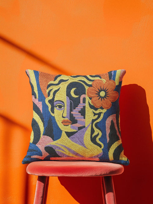 Square eclectic throw pillow cover with a surreal modern art portrait printed to look like textured crewel embroidery on a cobalt blue background. A yellow and purple half face with red lips holds a yellow crescent moon and a pink and purple staircase inside its dark silhouette, with a large orange flower in wavy yellow hair and abstract pink and yellow shapes around it. Smooth flat 2D print, not raised stitching. Maximalist art decor for a sofa, studio chair, or dorm.