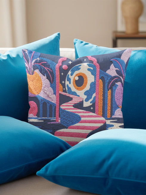 Square surreal liminal space throw pillow cover printed to look like textured embroidery on a dark navy background. A giant blue and white eyeball planet with an orange iris glows inside pink stone arches above a pink and white striped staircase curving over dark blue water, with lavender clouds, blue aqueduct arches, and orange potted palms. Smooth flat 2D print, not raised stitching. Psychedelic dreamscape decor for a sofa, bedroom chair, or reading nook.