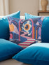 Square surreal liminal space throw pillow cover printed to look like textured embroidery on a dark navy background. A giant blue and white eyeball planet with an orange iris glows inside pink stone arches above a pink and white striped staircase curving over dark blue water, with lavender clouds, blue aqueduct arches, and orange potted palms. Smooth flat 2D print, not raised stitching. Psychedelic dreamscape decor for a sofa, bedroom chair, or reading nook.