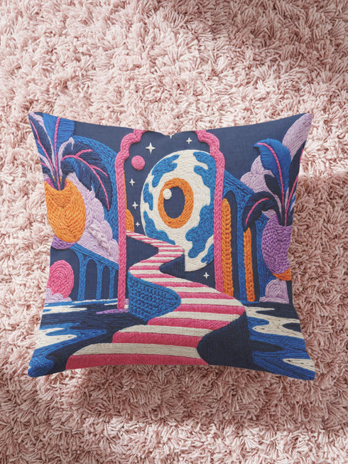 Square surreal liminal space throw pillow cover printed to look like textured embroidery on a dark navy background. A giant blue and white eyeball planet with an orange iris glows inside pink stone arches above a pink and white striped staircase curving over dark blue water, with lavender clouds, blue aqueduct arches, and orange potted palms. Smooth flat 2D print, not raised stitching. Psychedelic dreamscape decor for a sofa, bedroom chair, or reading nook.