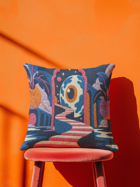 Square surreal liminal space throw pillow cover printed to look like textured embroidery on a dark navy background. A giant blue and white eyeball planet with an orange iris glows inside pink stone arches above a pink and white striped staircase curving over dark blue water, with lavender clouds, blue aqueduct arches, and orange potted palms. Smooth flat 2D print, not raised stitching. Psychedelic dreamscape decor for a sofa, bedroom chair, or reading nook.
