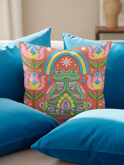 Square folk art throw pillow cover printed to look like textured crewel embroidery on a coral orange background. A green frog sits cross-legged in a meditation pose beneath a blue and yellow arch, surrounded by symmetrical pink flowers. Smooth flat 2D print, not raised stitching. Colorful, whimsical, maximalist dopamine decor for a yoga room, meditation corner, sofa, or reading nook, made for yoga lovers and frog fans.
