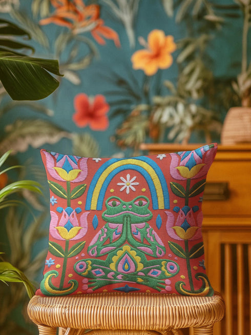Square folk art throw pillow cover printed to look like textured crewel embroidery on a coral orange background. A green frog sits cross-legged in a meditation pose beneath a blue and yellow arch, surrounded by symmetrical pink flowers. Smooth flat 2D print, not raised stitching. Colorful, whimsical, maximalist dopamine decor for a yoga room, meditation corner, sofa, or reading nook, made for yoga lovers and frog fans.