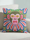 Square folk art throw pillow cover printed to look like thick crewel yarn embroidery. A bold, whimsical monkey face in olive green and pink stares out with intense yellow eyes, framed by a retro scalloped floral collar. Smooth flat 2D print, not raised stitching. Clowncore, junglecore, and weirdcore maximalist decor with eclectic, quirky charm for a sofa, accent chair, or bedroom, made for animal lovers and alt renters.