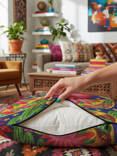 Square maximalist throw pillow cover printed to look like bold crewel embroidery on a solid royal blue background. Tacos with green, red, and brown fillings scatter across the design with bright green saguaro cacti, large pink and red starburst flowers, and small yellow stars. Smooth flat 2D print, not raised stitching. Colorful, quirky dopamine decor for a sofa, kitchen bench, or breakfast nook, made for taco lovers and foodies.