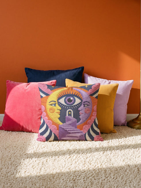 Square celestial throw pillow cover printed to look like heavy satin-stitch embroidery. A glowing yellow crescent sun and a lavender purple moon face a cosmic third eye, above a winding purple staircase that climbs to a starry archway framed by pink clouds and rayed sunbursts. Smooth flat 2D print, not raised stitching. Mystical, witchy, boho maximalist decor for a sofa, bed, reading nook, or altar corner, made for astrology lovers and tarot readers.
