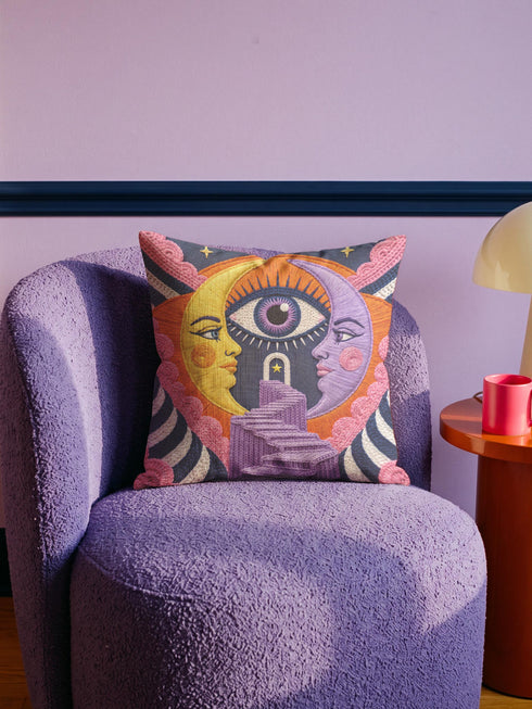 Square celestial throw pillow cover printed to look like heavy satin-stitch embroidery. A glowing yellow crescent sun and a lavender purple moon face a cosmic third eye, above a winding purple staircase that climbs to a starry archway framed by pink clouds and rayed sunbursts. Smooth flat 2D print, not raised stitching. Mystical, witchy, boho maximalist decor for a sofa, bed, reading nook, or altar corner, made for astrology lovers and tarot readers.