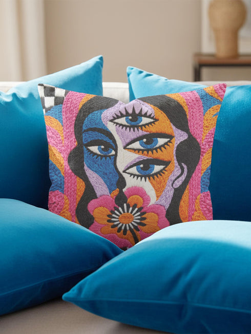 Square psychedelic throw pillow cover with a surreal weirdcore face printed to look like textured crewel embroidery. The face has a third eye and extra blue eyes, long dark hair, and a large pink and orange flower over the mouth, framed by radiating wavy stripes in hot pink, orange, and cobalt blue with black and white checkerboard corners. Smooth flat 2D print, not raised stitching. Maximalist 70s trippy decor for a sofa, armchair, or dorm bed.