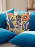 Square eclectic throw pillow cover with a surreal modern art portrait printed to look like textured crewel embroidery on a cobalt blue background. A yellow and purple half face with red lips holds a yellow crescent moon and a pink and purple staircase inside its dark silhouette, with a large orange flower in wavy yellow hair and abstract pink and yellow shapes around it. Smooth flat 2D print, not raised stitching. Maximalist art decor for a sofa, studio chair, or dorm.