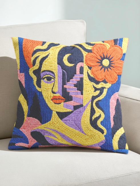Square eclectic throw pillow cover with a surreal modern art portrait printed to look like textured crewel embroidery on a cobalt blue background. A yellow and purple half face with red lips holds a yellow crescent moon and a pink and purple staircase inside its dark silhouette, with a large orange flower in wavy yellow hair and abstract pink and yellow shapes around it. Smooth flat 2D print, not raised stitching. Maximalist art decor for a sofa, studio chair, or dorm.