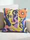 Square eclectic throw pillow cover with a surreal modern art portrait printed to look like textured crewel embroidery on a cobalt blue background. A yellow and purple half face with red lips holds a yellow crescent moon and a pink and purple staircase inside its dark silhouette, with a large orange flower in wavy yellow hair and abstract pink and yellow shapes around it. Smooth flat 2D print, not raised stitching. Maximalist art decor for a sofa, studio chair, or dorm.