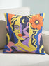 Square eclectic throw pillow cover with a surreal modern art portrait printed to look like textured crewel embroidery on a cobalt blue background. A yellow and purple half face with red lips holds a yellow crescent moon and a pink and purple staircase inside its dark silhouette, with a large orange flower in wavy yellow hair and abstract pink and yellow shapes around it. Smooth flat 2D print, not raised stitching. Maximalist art decor for a sofa, studio chair, or dorm.