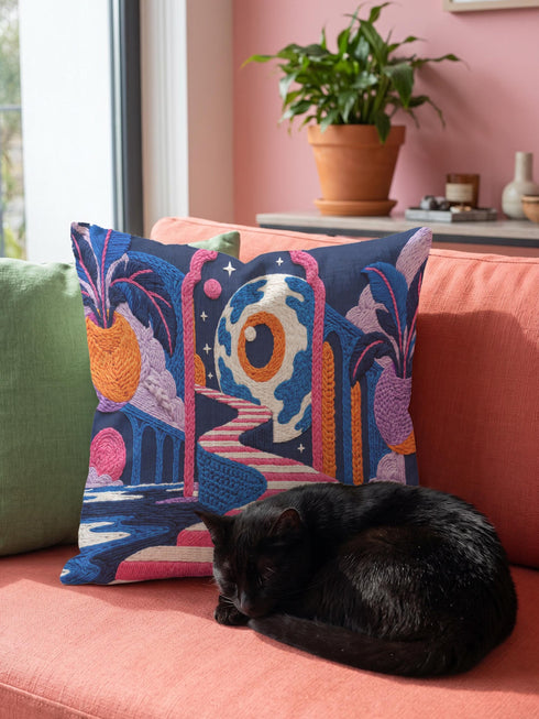 Square surreal liminal space throw pillow cover printed to look like textured embroidery on a dark navy background. A giant blue and white eyeball planet with an orange iris glows inside pink stone arches above a pink and white striped staircase curving over dark blue water, with lavender clouds, blue aqueduct arches, and orange potted palms. Smooth flat 2D print, not raised stitching. Psychedelic dreamscape decor for a sofa, bedroom chair, or reading nook.