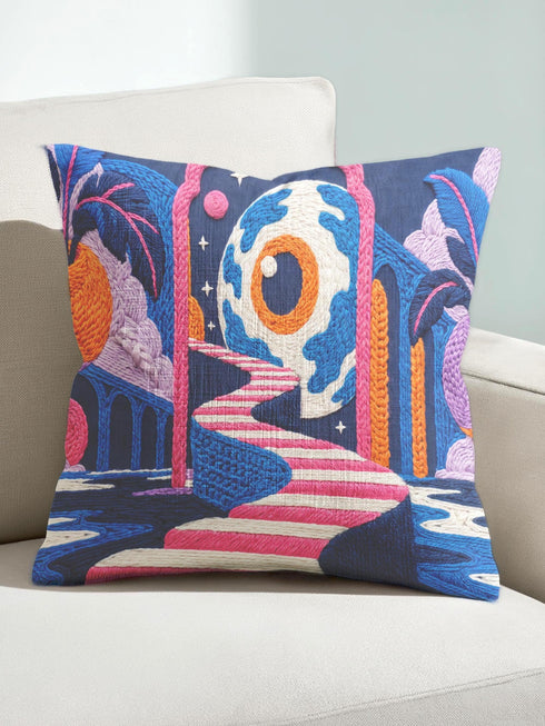 Square surreal liminal space throw pillow cover printed to look like textured embroidery on a dark navy background. A giant blue and white eyeball planet with an orange iris glows inside pink stone arches above a pink and white striped staircase curving over dark blue water, with lavender clouds, blue aqueduct arches, and orange potted palms. Smooth flat 2D print, not raised stitching. Psychedelic dreamscape decor for a sofa, bedroom chair, or reading nook.