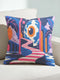 Square surreal liminal space throw pillow cover printed to look like textured embroidery on a dark navy background. A giant blue and white eyeball planet with an orange iris glows inside pink stone arches above a pink and white striped staircase curving over dark blue water, with lavender clouds, blue aqueduct arches, and orange potted palms. Smooth flat 2D print, not raised stitching. Psychedelic dreamscape decor for a sofa, bedroom chair, or reading nook.
