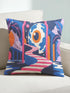 Square surreal liminal space throw pillow cover printed to look like textured embroidery on a dark navy background. A giant blue and white eyeball planet with an orange iris glows inside pink stone arches above a pink and white striped staircase curving over dark blue water, with lavender clouds, blue aqueduct arches, and orange potted palms. Smooth flat 2D print, not raised stitching. Psychedelic dreamscape decor for a sofa, bedroom chair, or reading nook.
