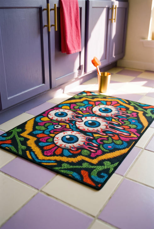 Rectangular doormat with a black background and black edge trim, printed in a flat 2D faux embroidery style. A golden yellow stepped octagon frames four large bloodshot eyeballs with blue irises and dripping pink, with two small peeking eyes among the florals. Hot pink, orange, turquoise, and green folk art petals and green vines fill the corners. Polyester surface with a low pile and non-slip rubber backing. Psychedelic 70s creepy cute decor.