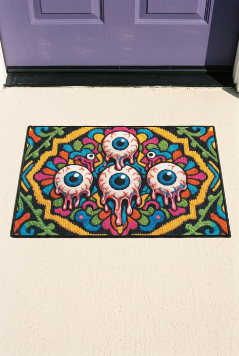 Rectangular doormat with a black background and black edge trim, printed in a flat 2D faux embroidery style. A golden yellow stepped octagon frames four large bloodshot eyeballs with blue irises and dripping pink, with two small peeking eyes among the florals. Hot pink, orange, turquoise, and green folk art petals and green vines fill the corners. Polyester surface with a low pile and non-slip rubber backing. Psychedelic 70s creepy cute decor.