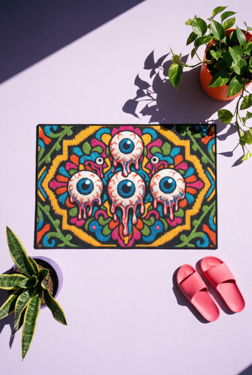 Rectangular doormat with a black background and black edge trim, printed in a flat 2D faux embroidery style. A golden yellow stepped octagon frames four large bloodshot eyeballs with blue irises and dripping pink, with two small peeking eyes among the florals. Hot pink, orange, turquoise, and green folk art petals and green vines fill the corners. Polyester surface with a low pile and non-slip rubber backing. Psychedelic 70s creepy cute decor.