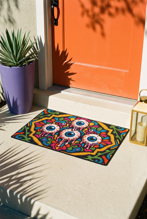 Rectangular doormat with a black background and black edge trim, printed in a flat 2D faux embroidery style. A golden yellow stepped octagon frames four large bloodshot eyeballs with blue irises and dripping pink, with two small peeking eyes among the florals. Hot pink, orange, turquoise, and green folk art petals and green vines fill the corners. Polyester surface with a low pile and non-slip rubber backing. Psychedelic 70s creepy cute decor.