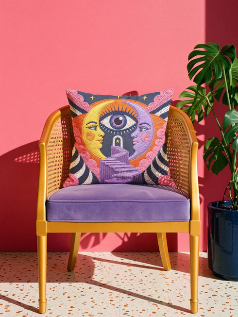 Square celestial throw pillow cover printed to look like heavy satin-stitch embroidery. A glowing yellow crescent sun and a lavender purple moon face a cosmic third eye, above a winding purple staircase that climbs to a starry archway framed by pink clouds and rayed sunbursts. Smooth flat 2D print, not raised stitching. Mystical, witchy, boho maximalist decor for a sofa, bed, reading nook, or altar corner, made for astrology lovers and tarot readers.